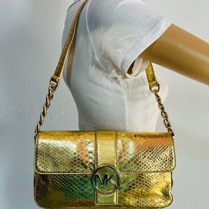Michael Kors Gold Soft Python Leather Fulton Small Flap Shoulder Bag Clutch